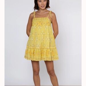 Juliet Dunn Yellow/Lime Trapeze Embroiled Mini Dress